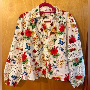 Floral Lace-Trim Button Down Shirt New with Tags
